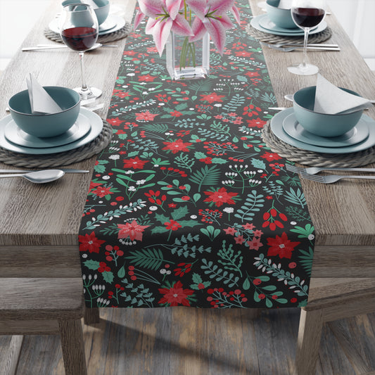 Floral Table Runner, Colorful Flower Pattern, Red and Green Botanical Design, Dark Background, Vibrant Dining Decor