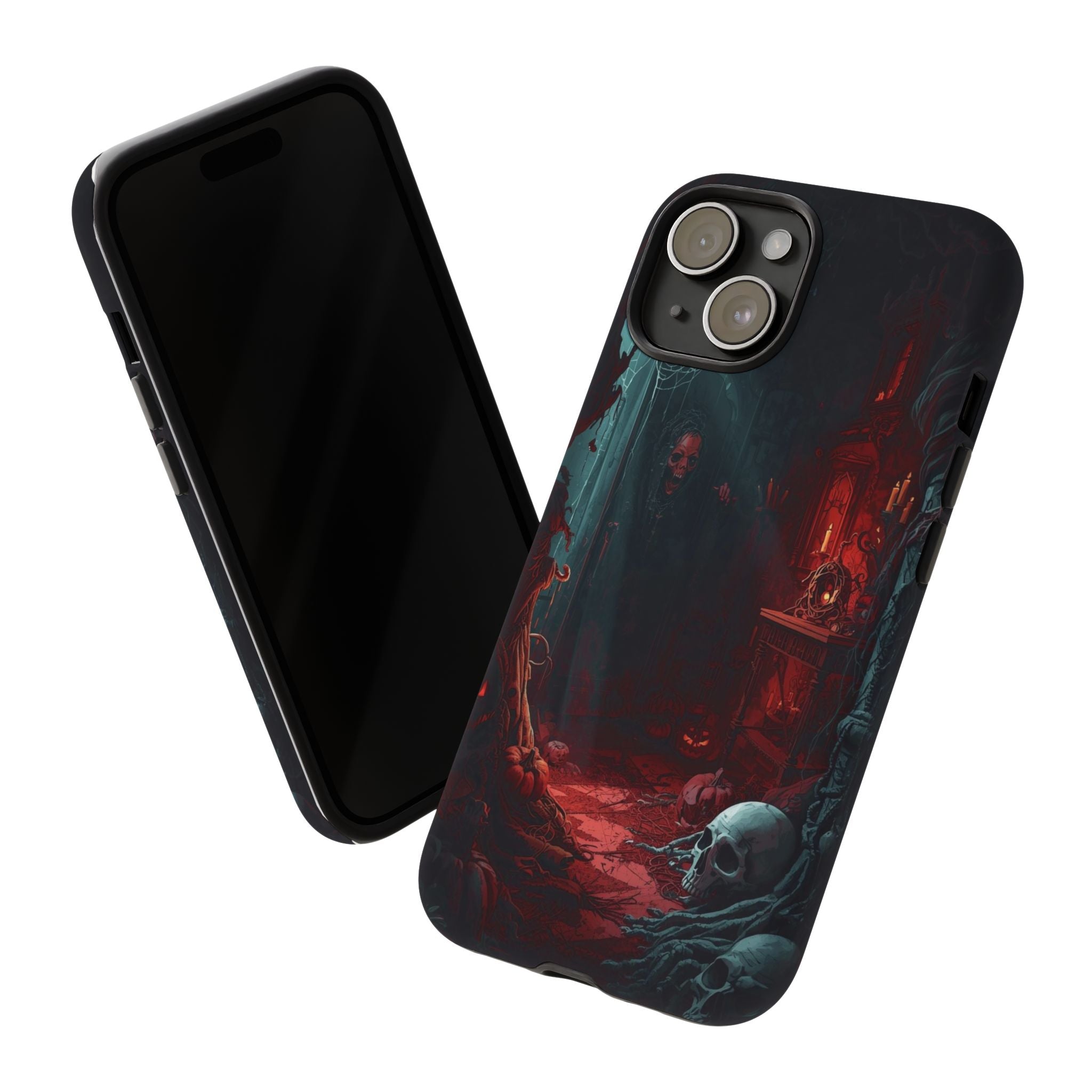 Gothic Phone Case with Haunted Room and Skull Design