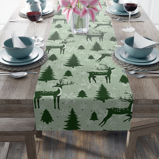 Reindeer & Evergreen Table Runner – Festive Green Winter Holiday Decor