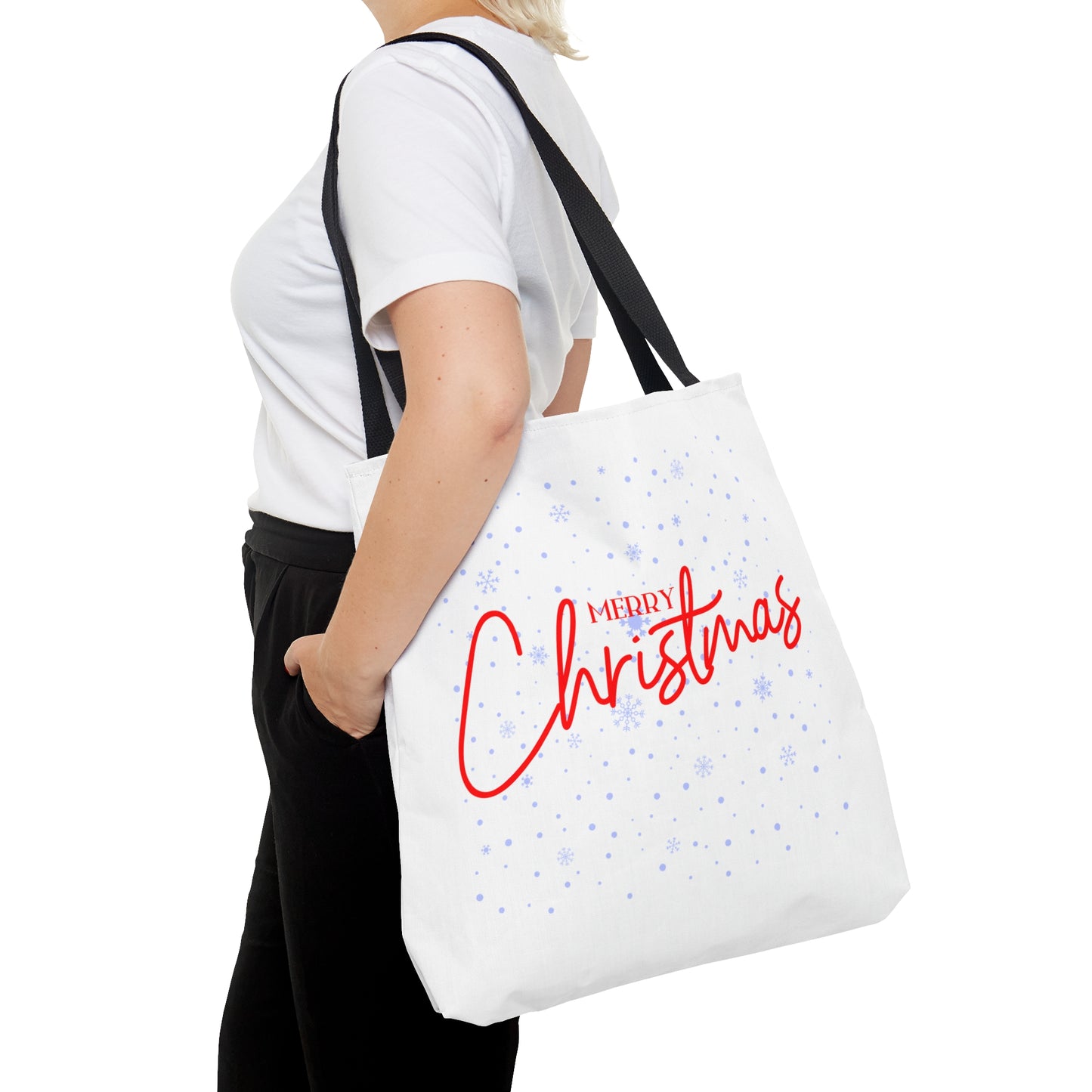 Tote Bag – Red “MERRY Christmas” Text with Snowflake Pattern – Holiday Gift for Seasonal Shoppers