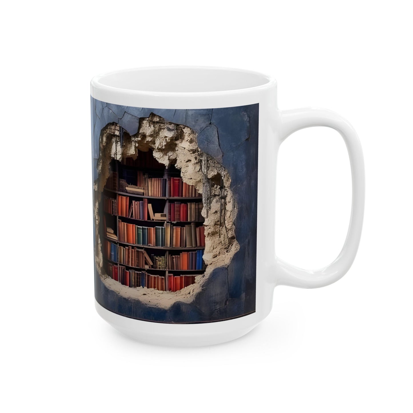 Mug - 3D Bookshelf Illusion - Unique Library Wall Break Design