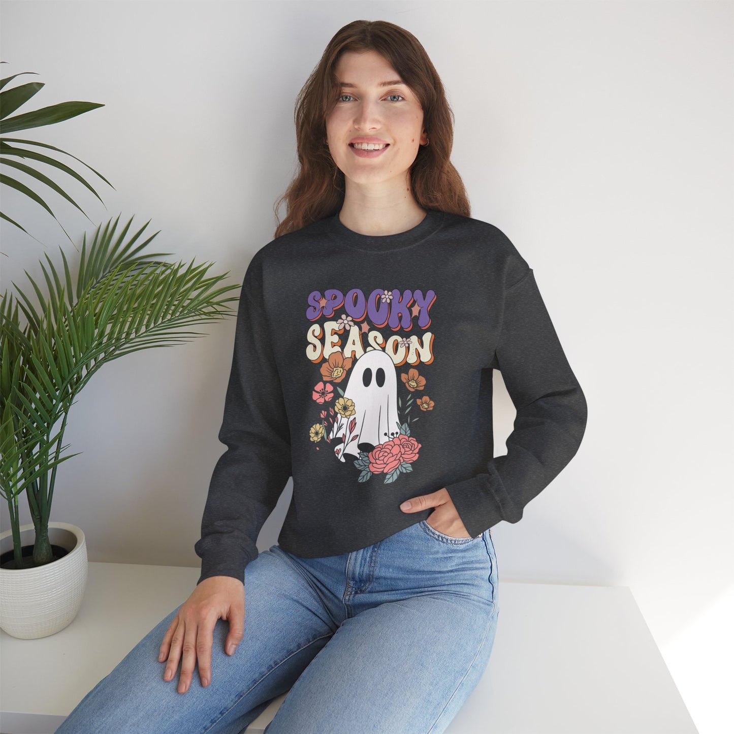 Spooky Season Floral Ghost Sweatshirt – Cozy Halloween Blooms