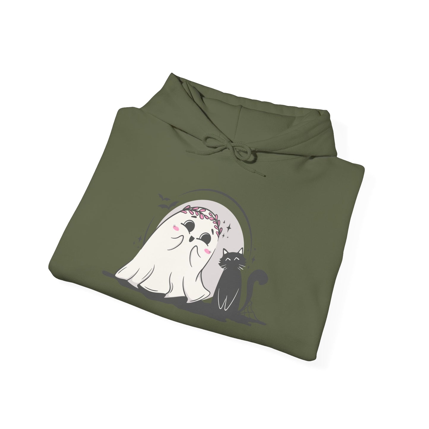 Floral Ghost & Black Cat Hoodie – Cute Halloween Companions