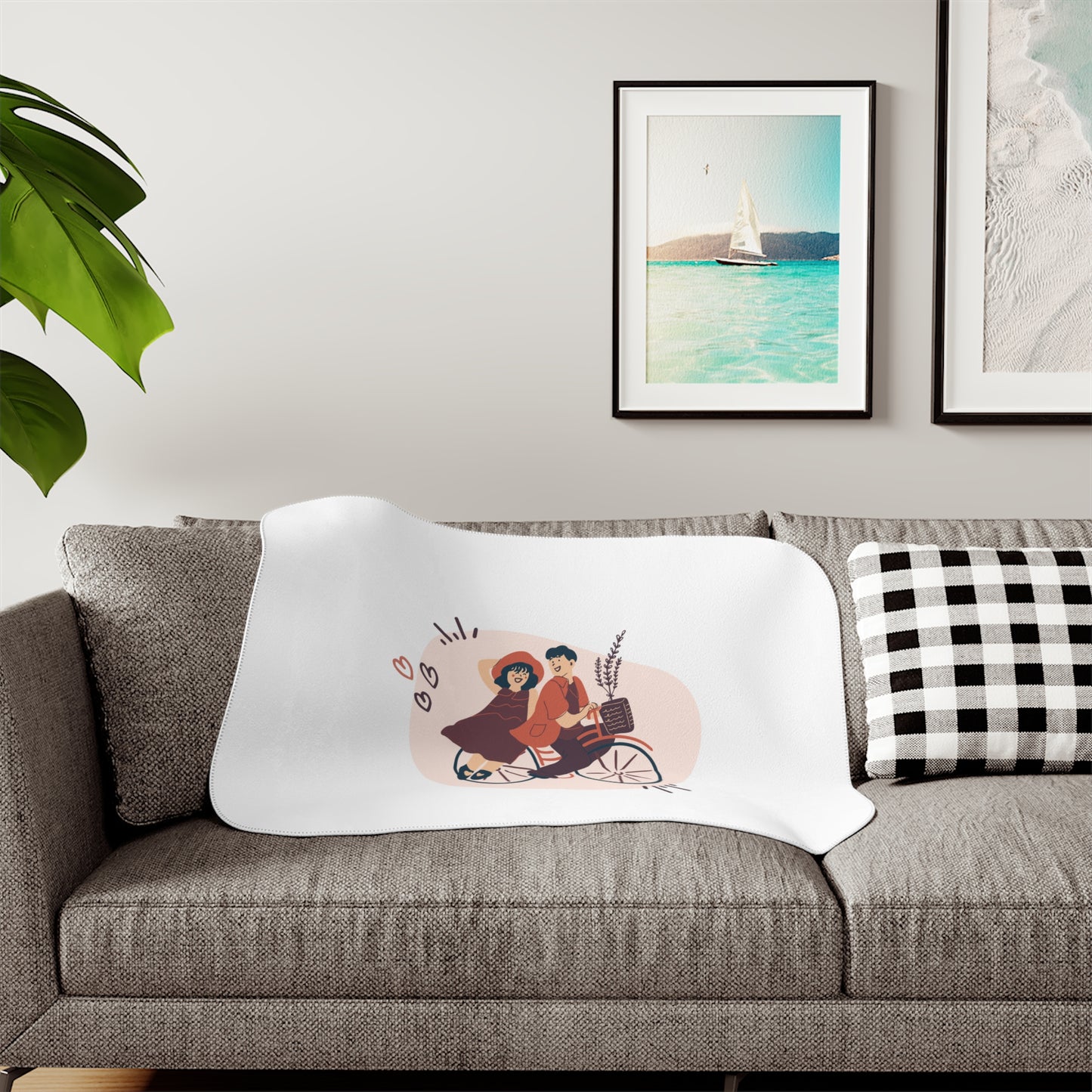 Couple on Cycle Printed Sherpa Blenket for Valentine Day