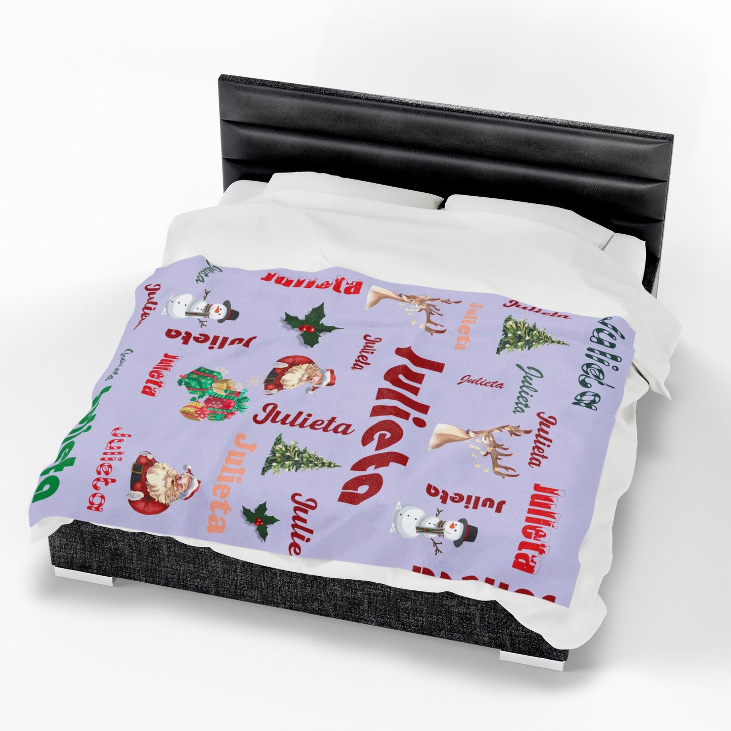 Custom Name Christmas Blanket, Santa, Snowman & Reindeer Velveteen Holiday Throw