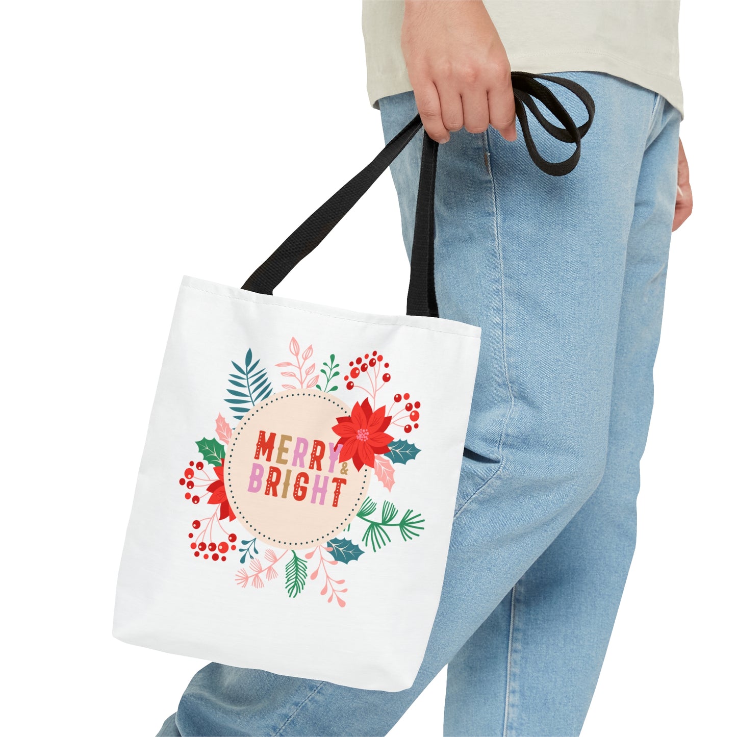 Tote Bag – MERRY & BRIGHT Floral Design – Gift for Christmas, Holiday Shopping, Winter Outings