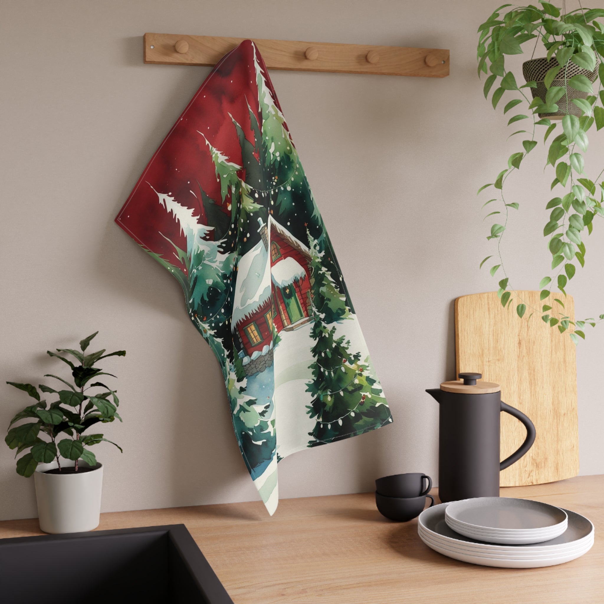 Cozy Christmas Tea Towel with Snowy Cabin and Lights Design