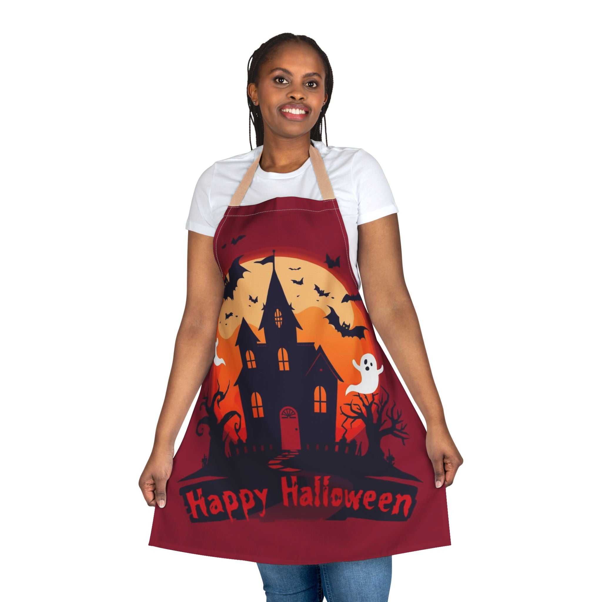 Halloween Apron – Haunted House Festive Apron with Happy Halloween for Cooking, Baking, and Parties