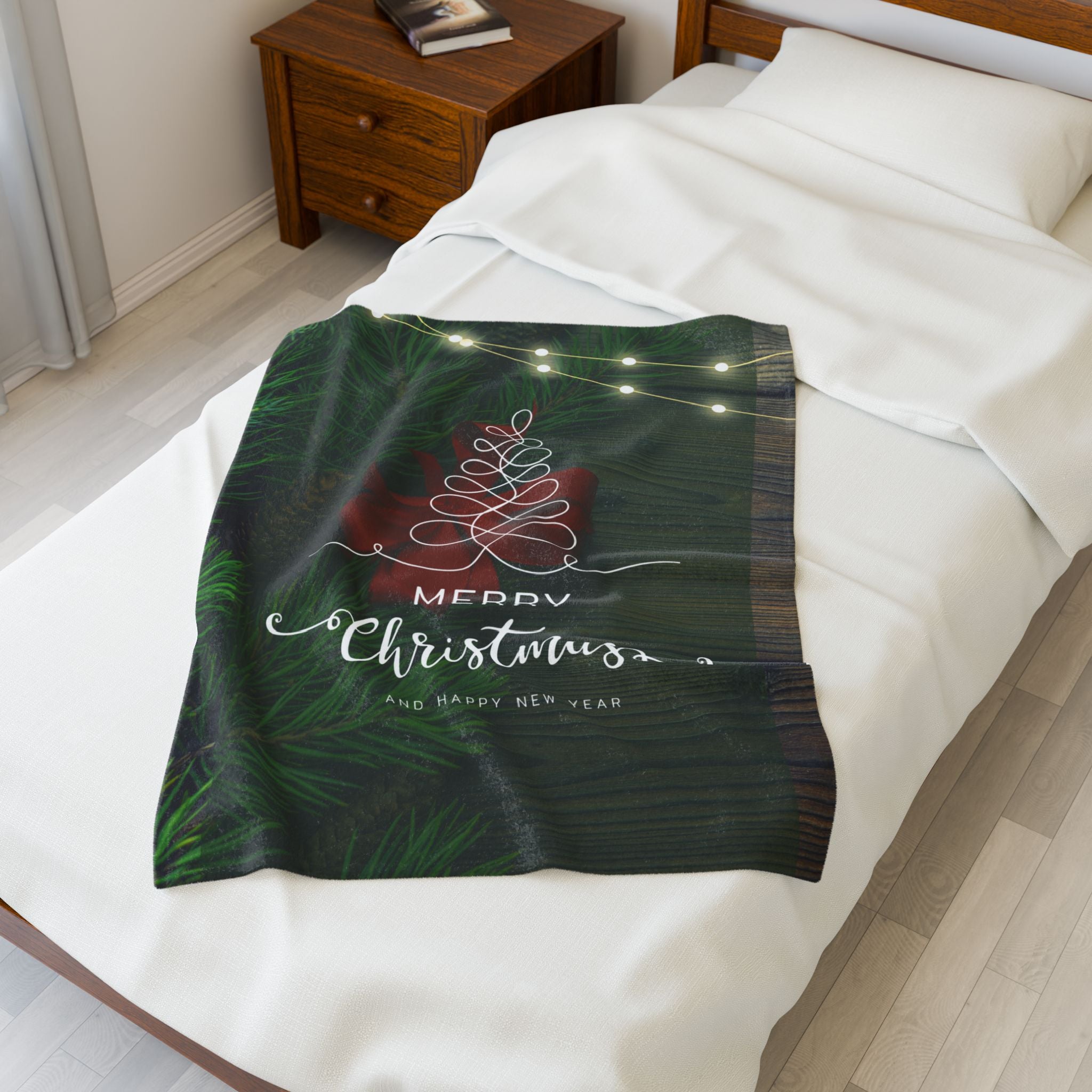 Merry Christmas with Tree Printed Velveteen Plush Blanket