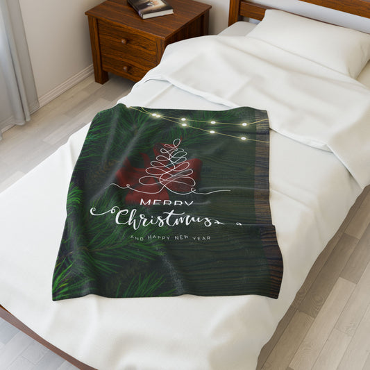 Merry Christmas with Tree Printed Velveteen Plush Blanket