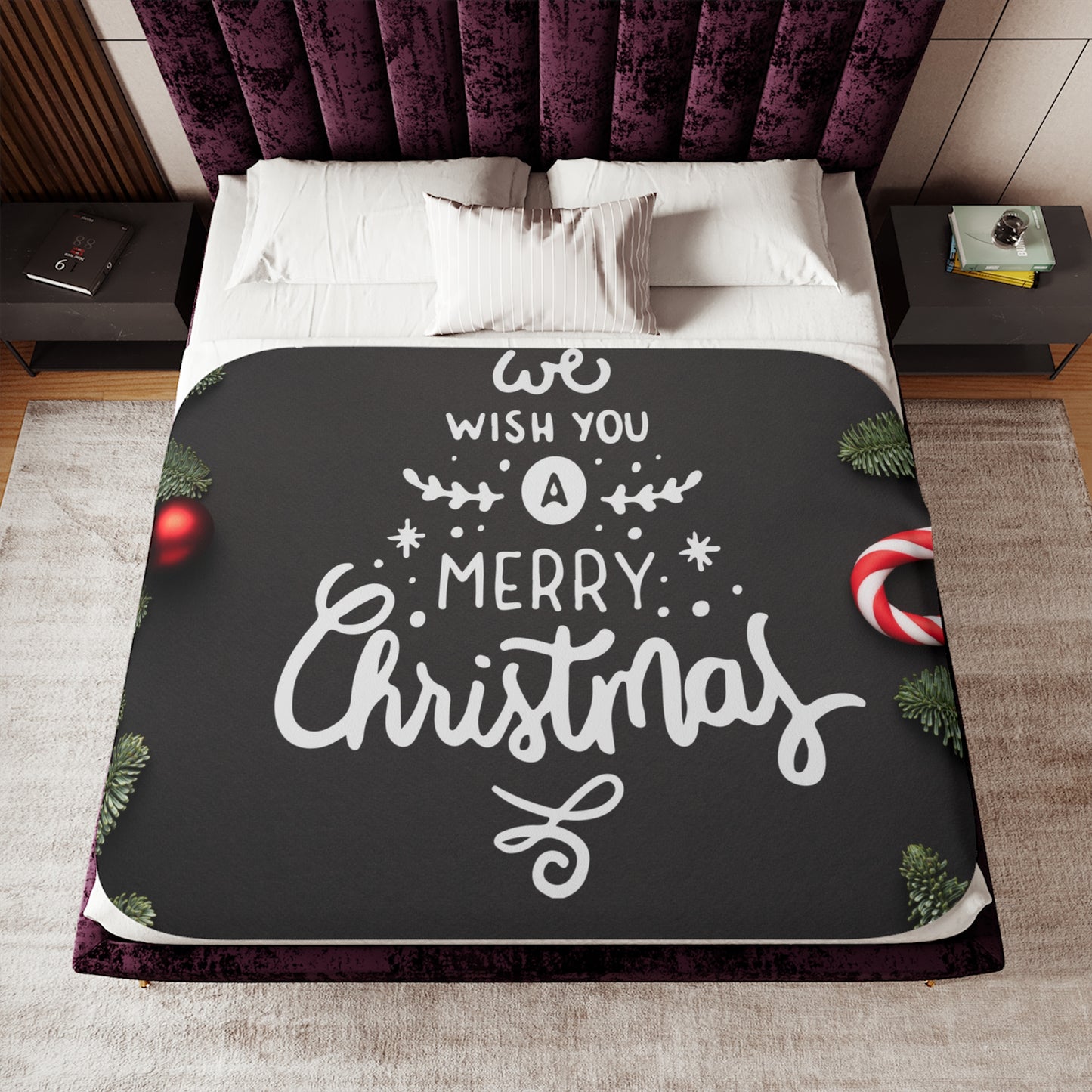 Wish You Merry Christmas in Black Printed Sherpa Blanket