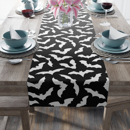 Halloween Table runer – Black & White Bat Pattern – Spooky Halloween Dining Decor & Host Gift