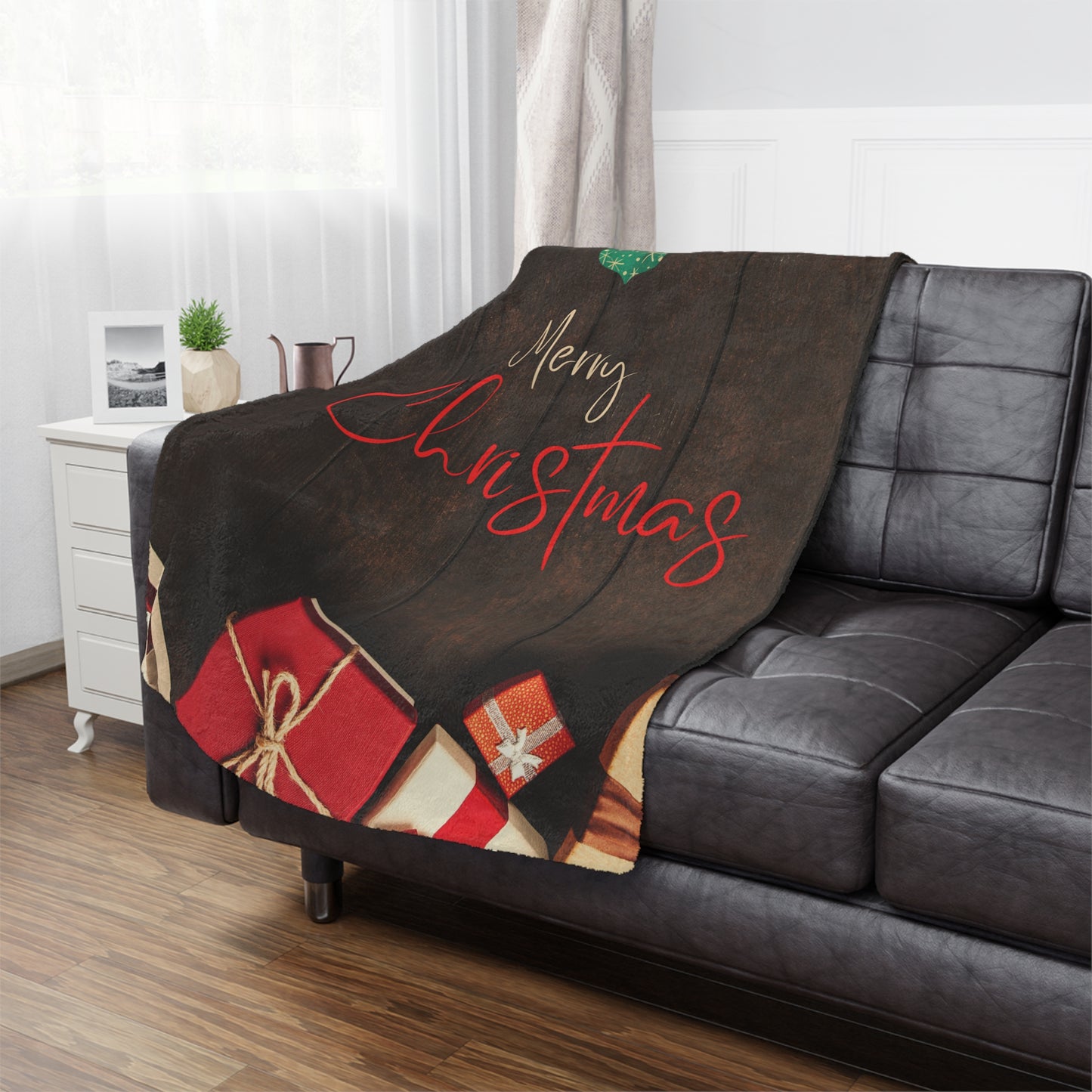 Merry Christmas Printed Velveteen Minky Blanket, Coffee