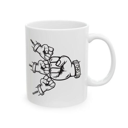 Dad Fist Bump Ceramic Coffee Mug – Personalized Children Names, Father’s Day Gift, 11oz & 15oz