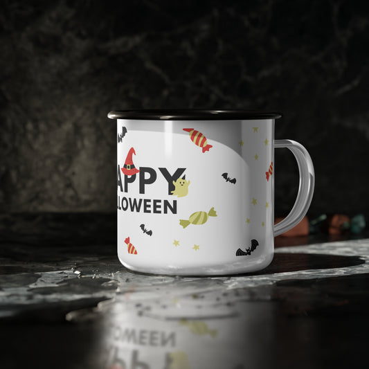 Happy Halloween Enamel Camp Cup – Playful Witch, Ghosts, and Candy Design