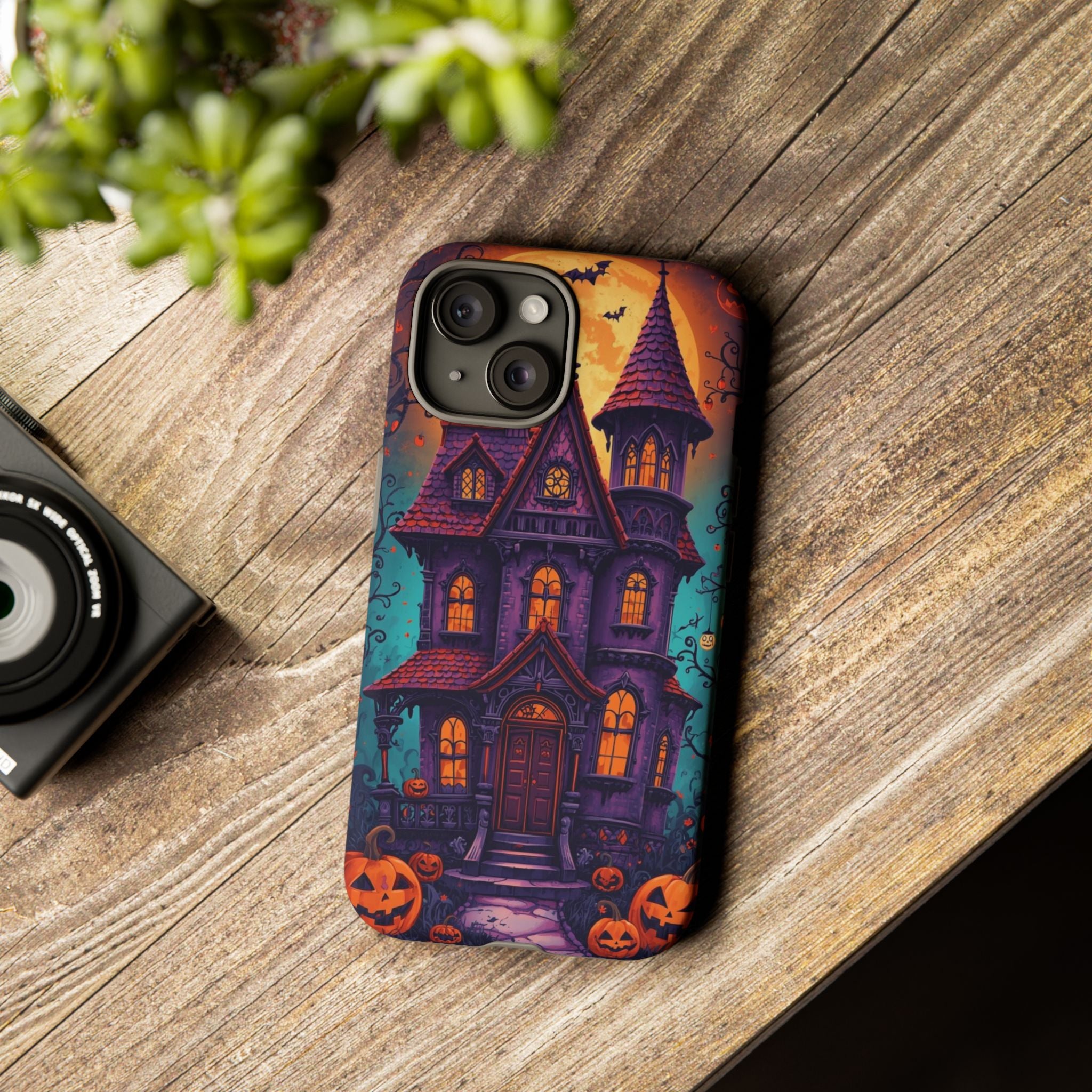 Halloween Phone Case with Haunted House, Bats, and Orange Moon