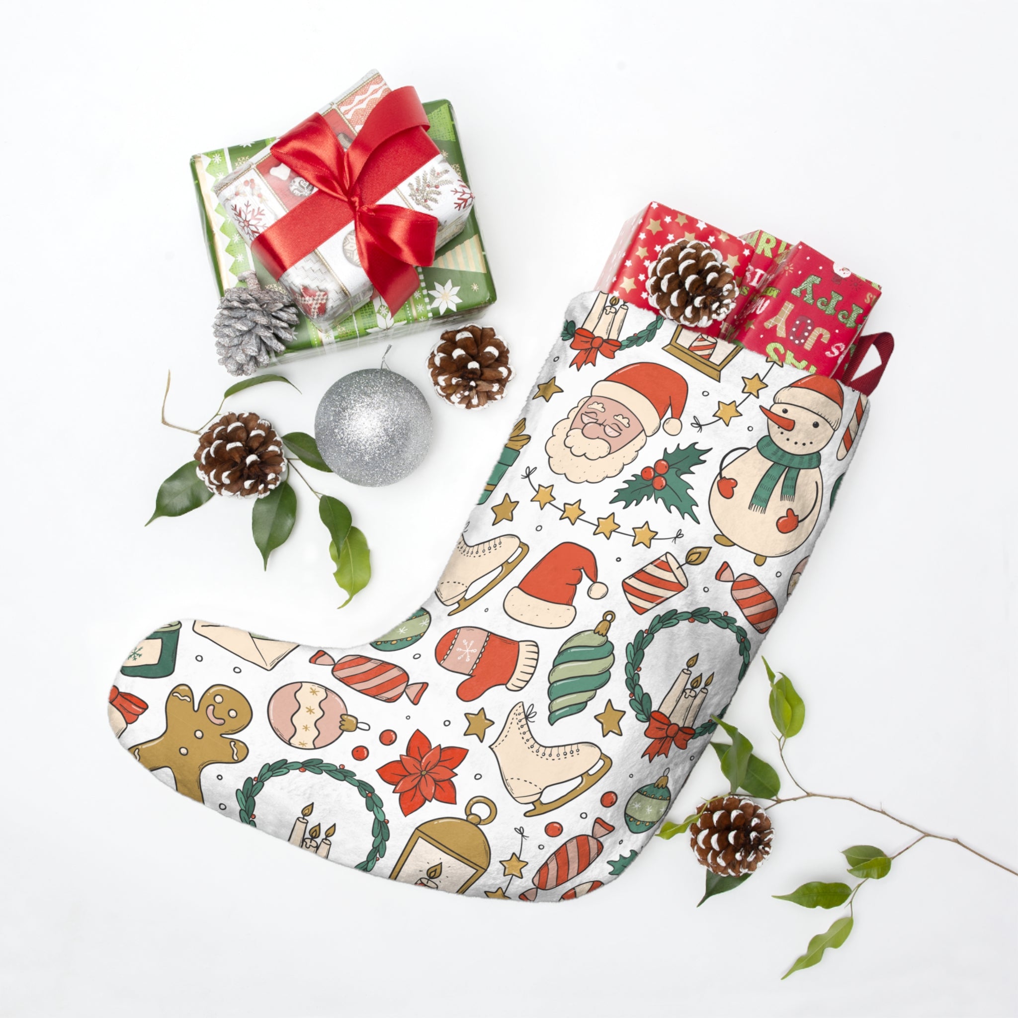 Christmas Stocking – Festive Red & Green Collage with Santa, Gifts & Holiday Icons