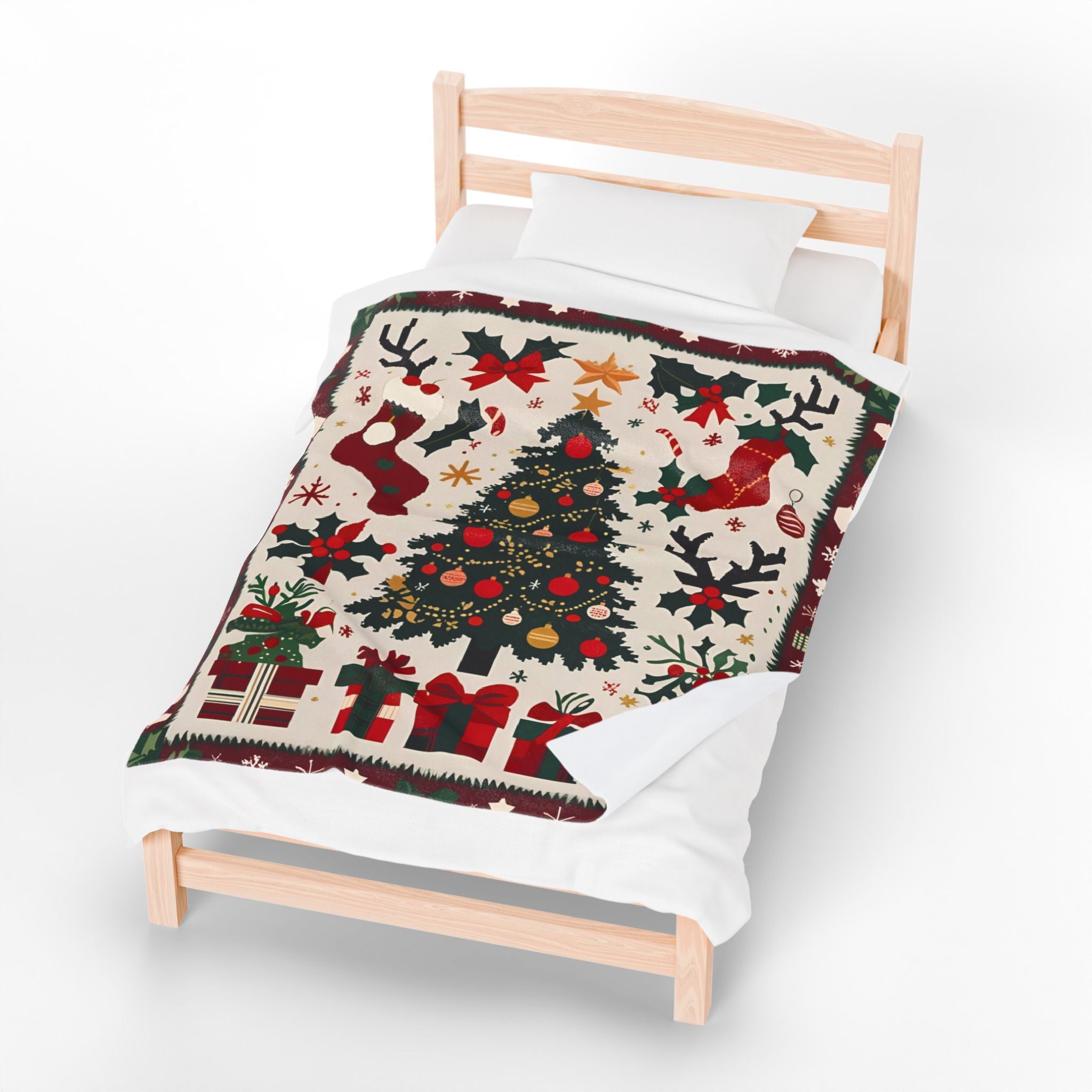 Christmas Tree Velveteen Plush Blanket – Holiday Stockings, Gifts & Holly Print Throw