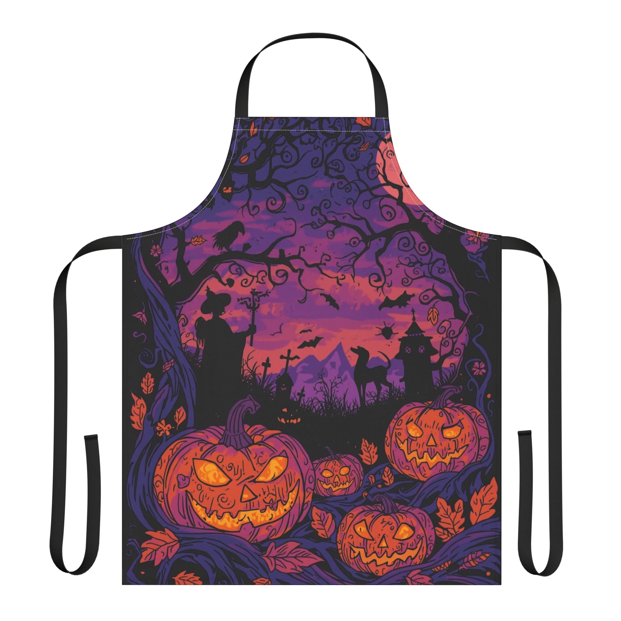 Halloween Apron with Witch, Pumpkin, and Haunted House Design