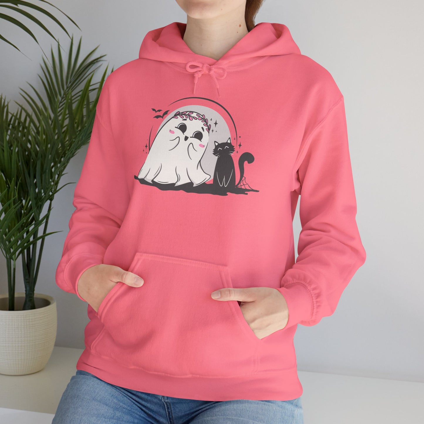 Floral Ghost & Black Cat Hoodie – Cute Halloween Companions