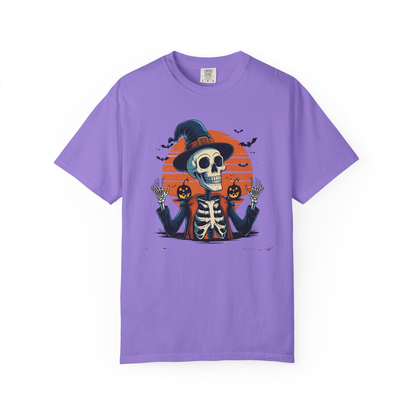 Skeleton Witch Halloween T-shirt for Adults & Teens, Funny Spooky Sunset Graphic Tee, Unisex Garment-Dyed Top, Pumpkin Hat Shirt, Halloween