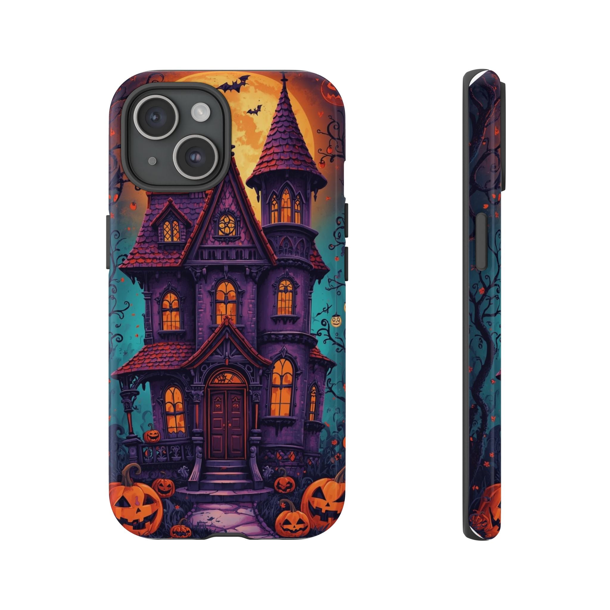 Halloween Phone Case with Haunted House, Bats, and Orange Moon