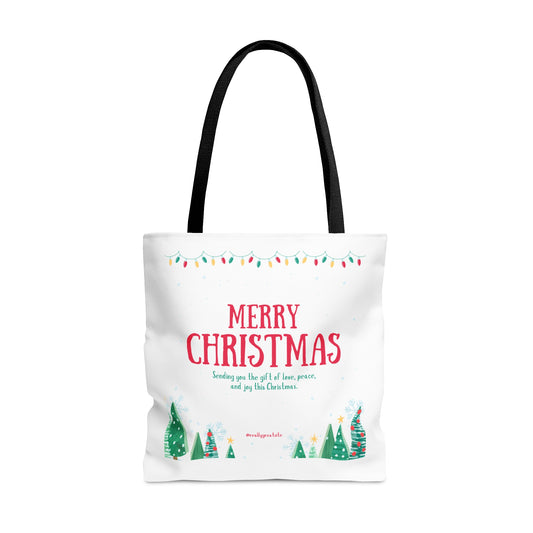 Tote Bag – “MERRY CHRISTMAS” with Lights, Tree Row & Holiday Message – Gift for Festive Errands & Seasonal Cheer