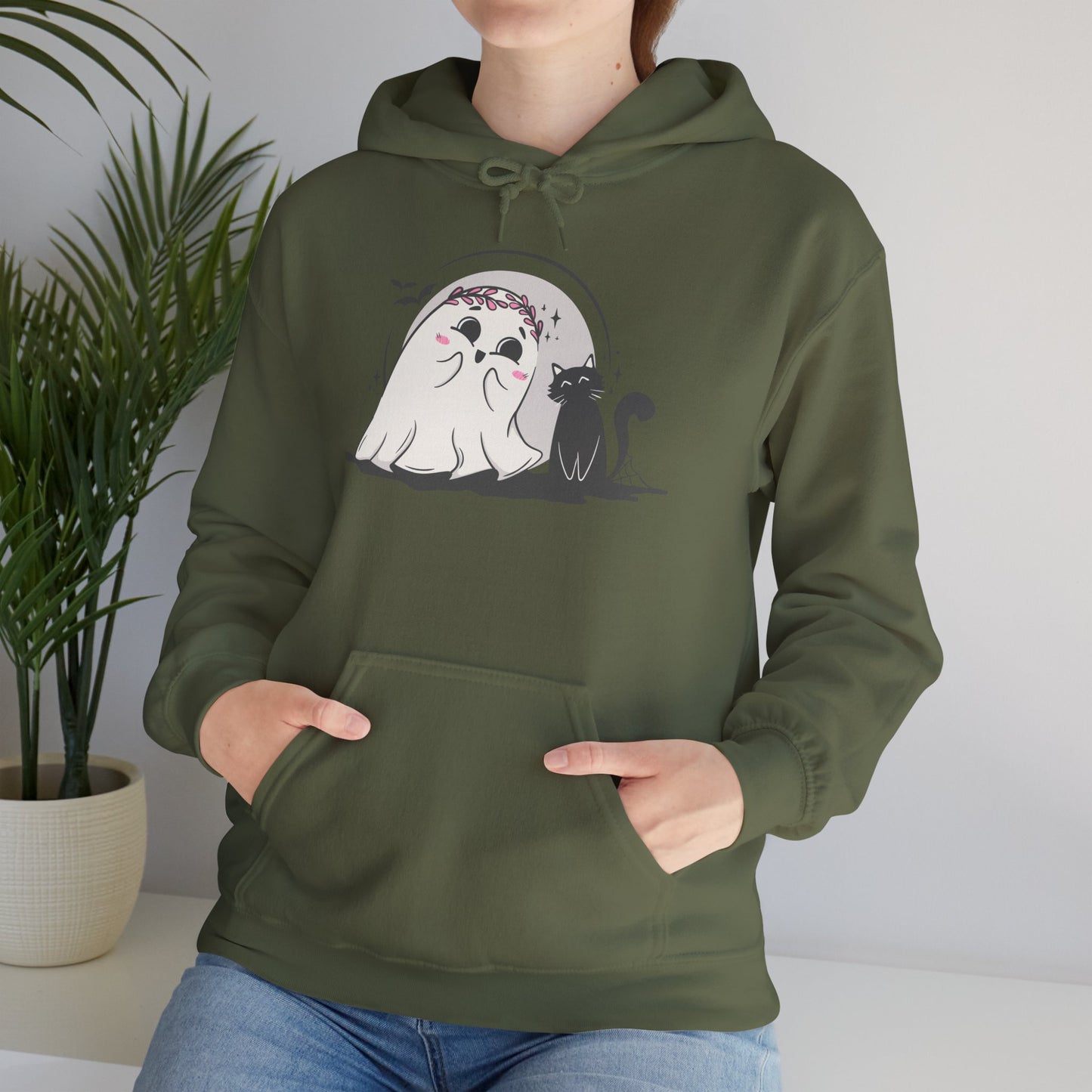 Floral Ghost & Black Cat Hoodie – Cute Halloween Companions