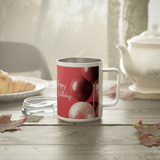 Happy Birthday Travel Mug – Stainless Steel Insulated Cup with Handle & Balloon Design, 10oz