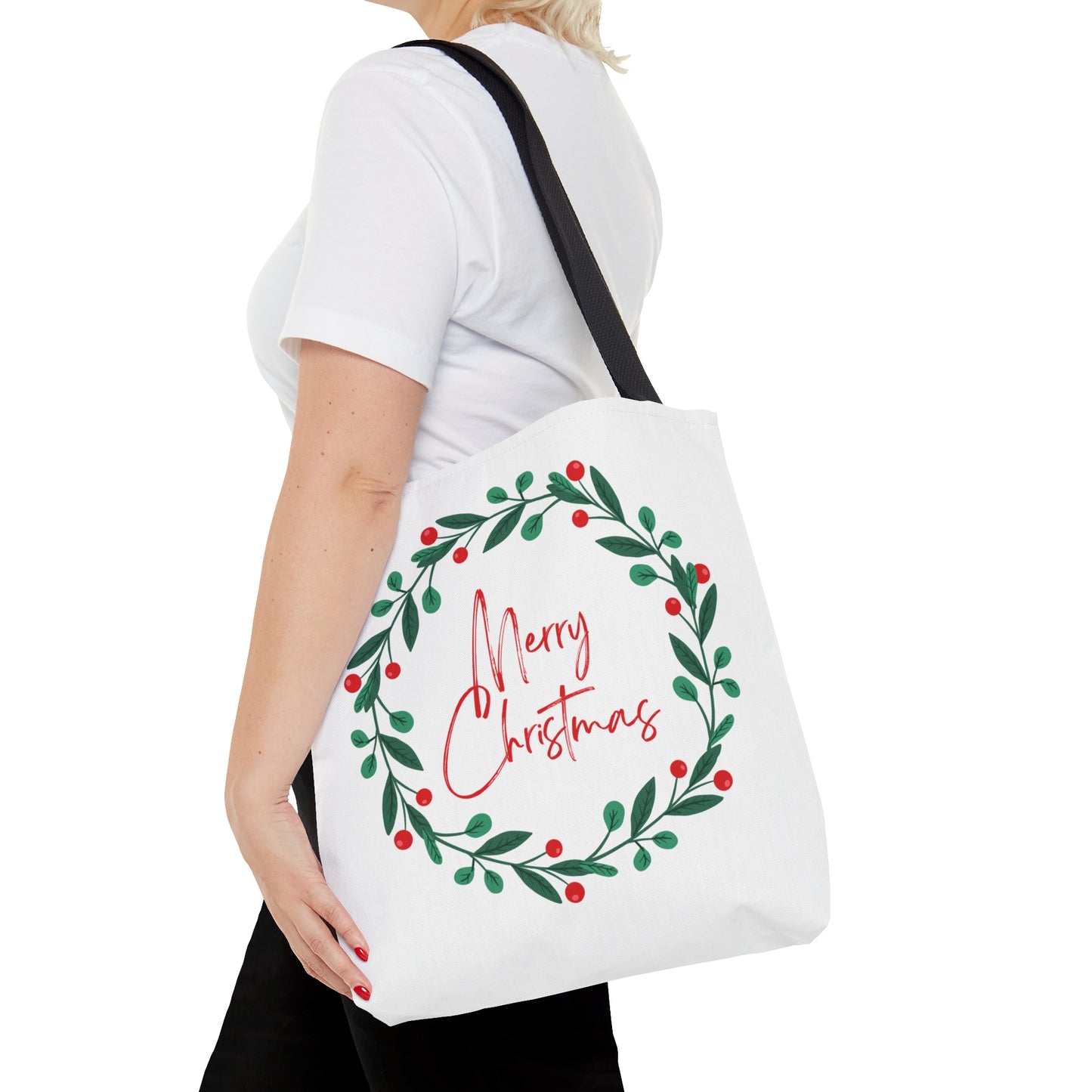 Christmas Tote Bag with “Merry Christmas” Wreath Design – Festive All-Over Print Carryall in 3 Sizes