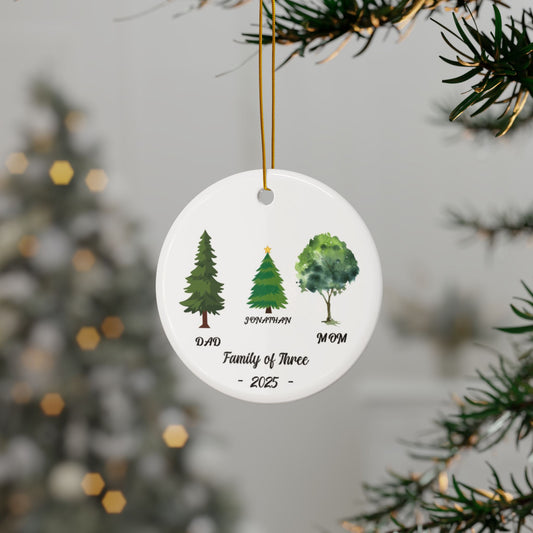 Family of Three Christmas Ceramic Ornament, Personalized Holiday Keepsake Gift, Festive Decoration, Glossy Finish