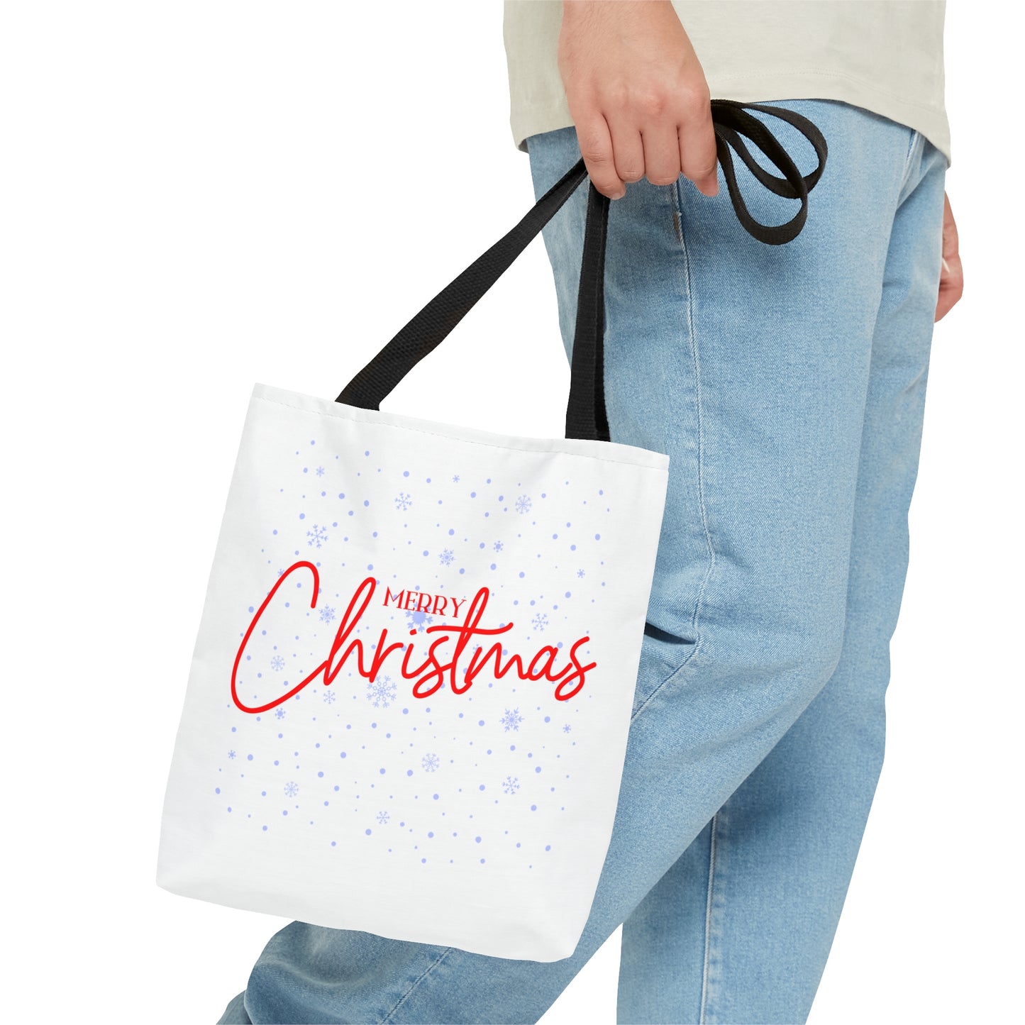 Tote Bag – Red “MERRY Christmas” Text with Snowflake Pattern – Holiday Gift for Seasonal Shoppers