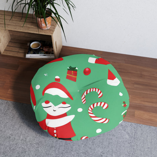 Christmas Round Tufted Floor Pillow – Soft Polyester Holiday Seating Cushion