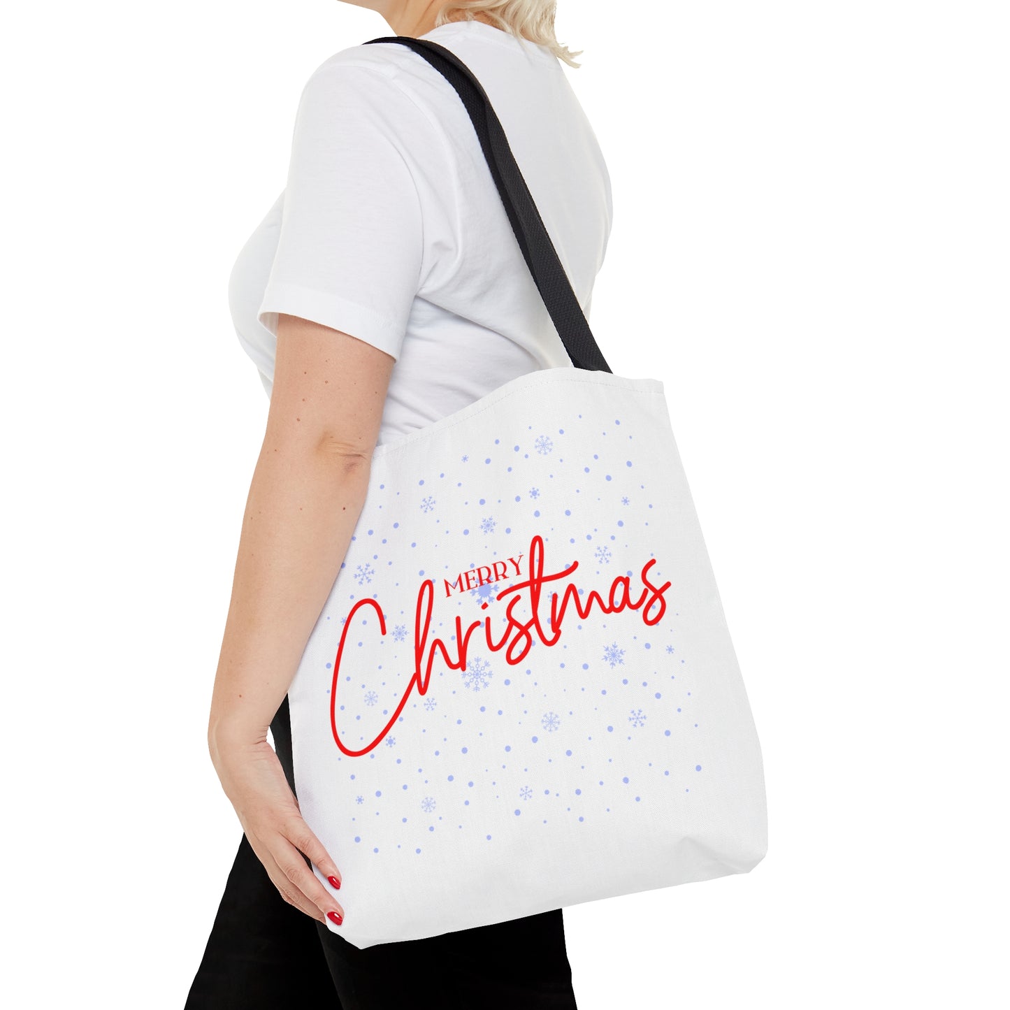 Tote Bag – Red “MERRY Christmas” Text with Snowflake Pattern – Holiday Gift for Seasonal Shoppers