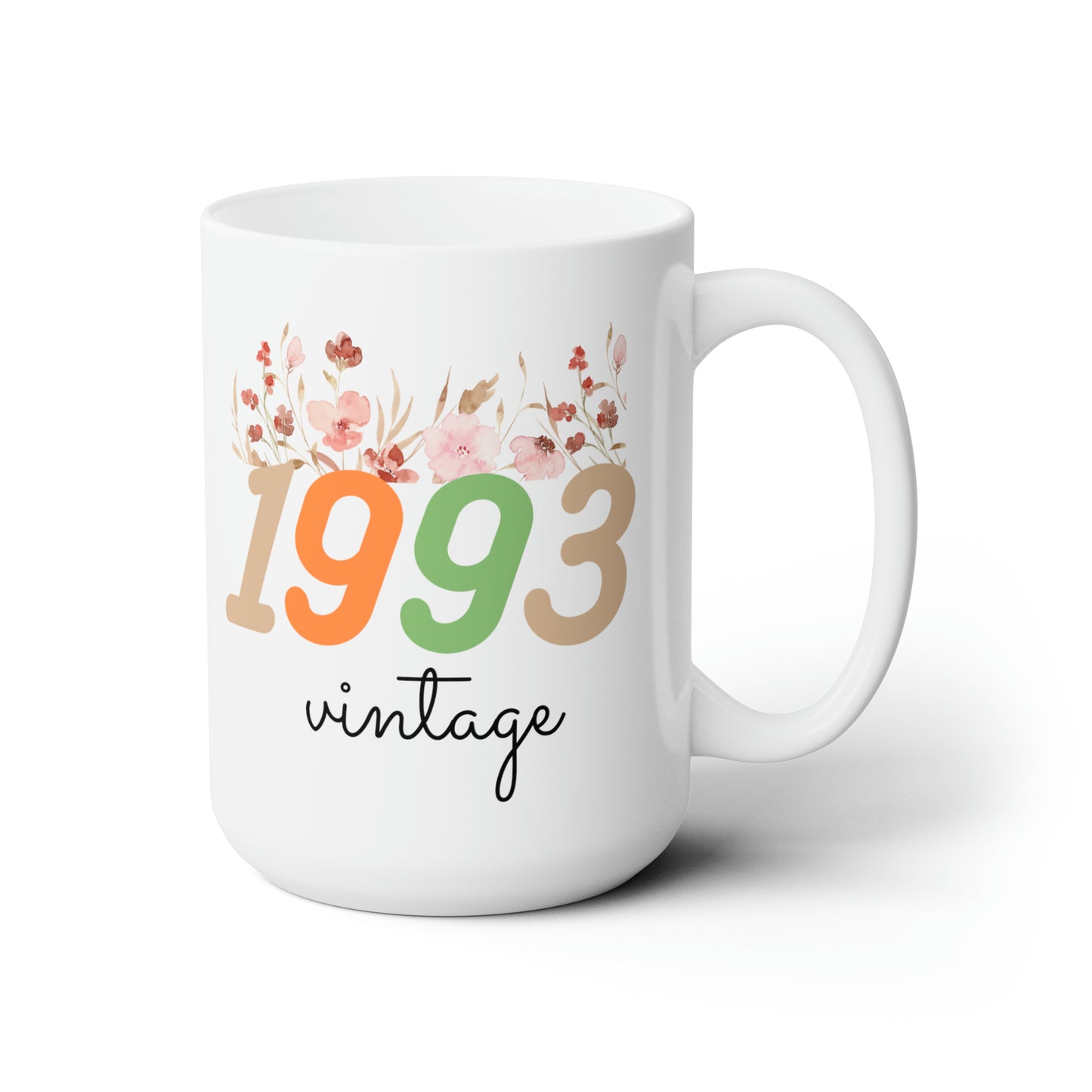 1993 Vintage Flower Birthday Ceramic Mug 15oz, White