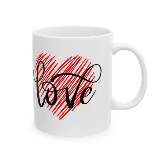 Ceramic Coffee Mug with Heart and Love Script Design, 11oz