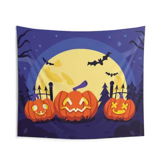 Halloween Wall Tapestry – Glowing Pumpkins & Full Moon Scene – Spooky Nighttime Decor