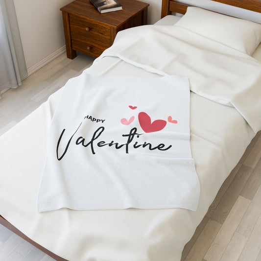 Happy Valentine with Hearts Printed Velveteen Plush Blanket