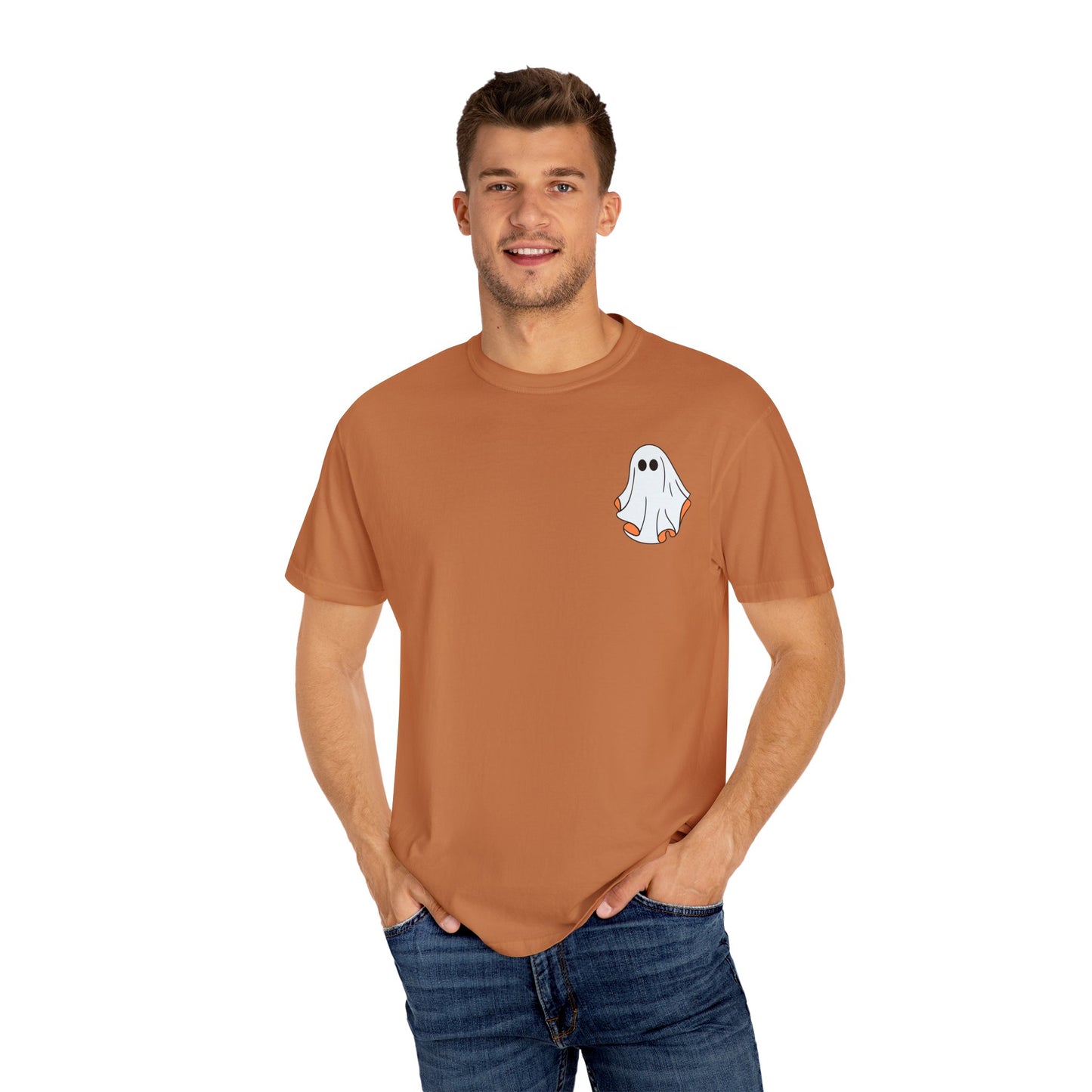 Minimal Ghost Halloween T-Shirt – Cute Pocket Graphic Tee for Spooky Season