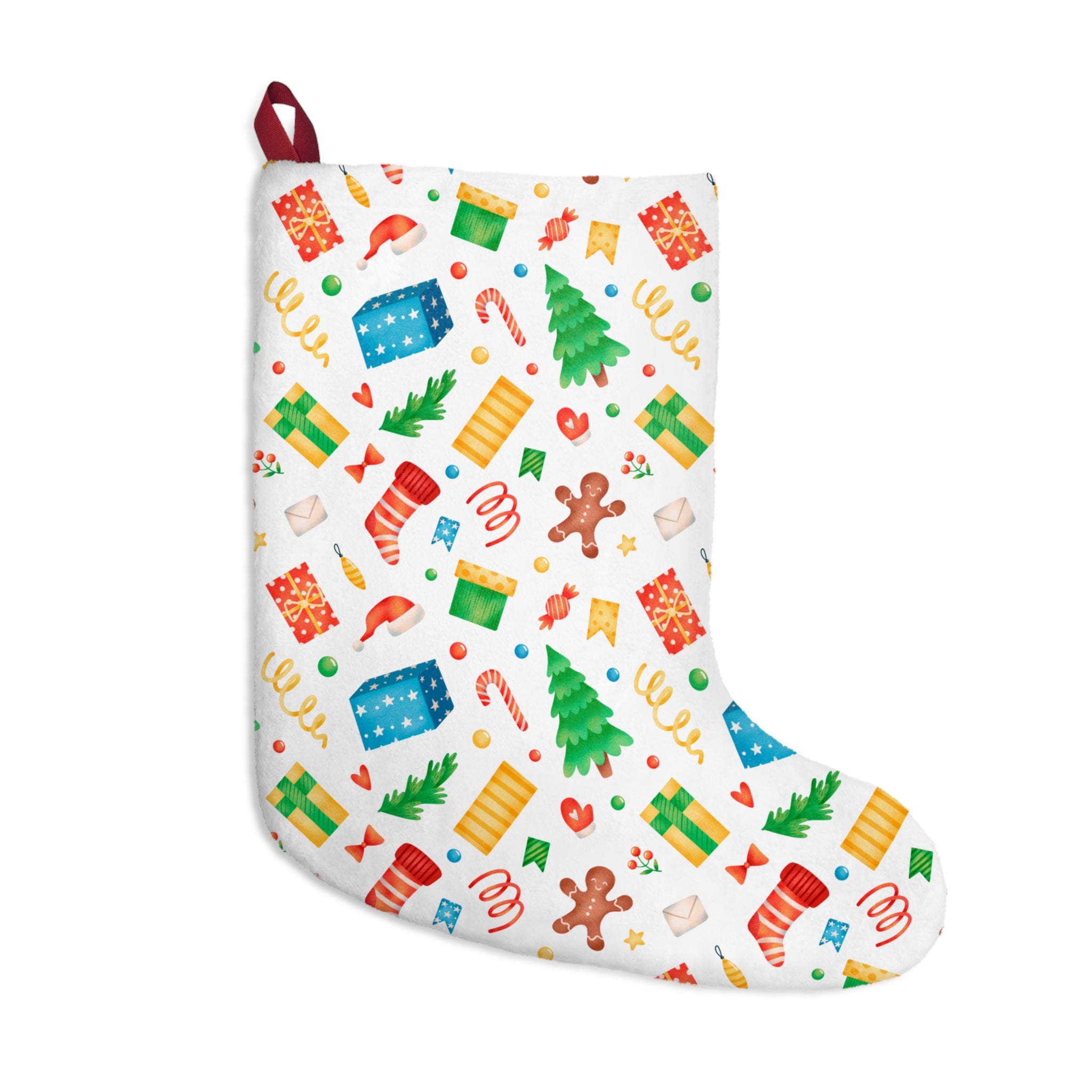 Christmas Stocking – White Base with Gingerbread, Candy Canes & Holiday Icons