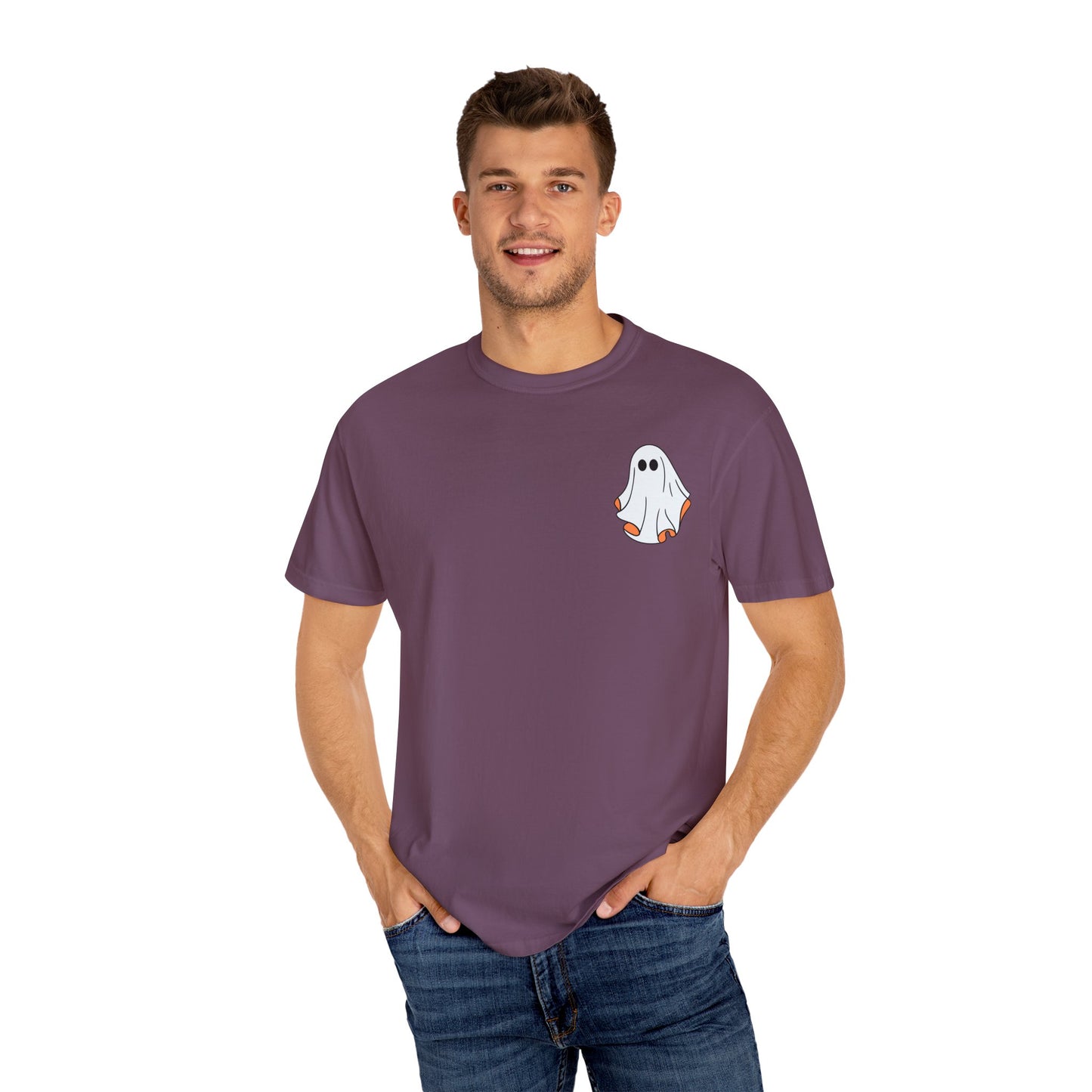 Minimal Ghost Halloween T-Shirt – Cute Pocket Graphic Tee for Spooky Season