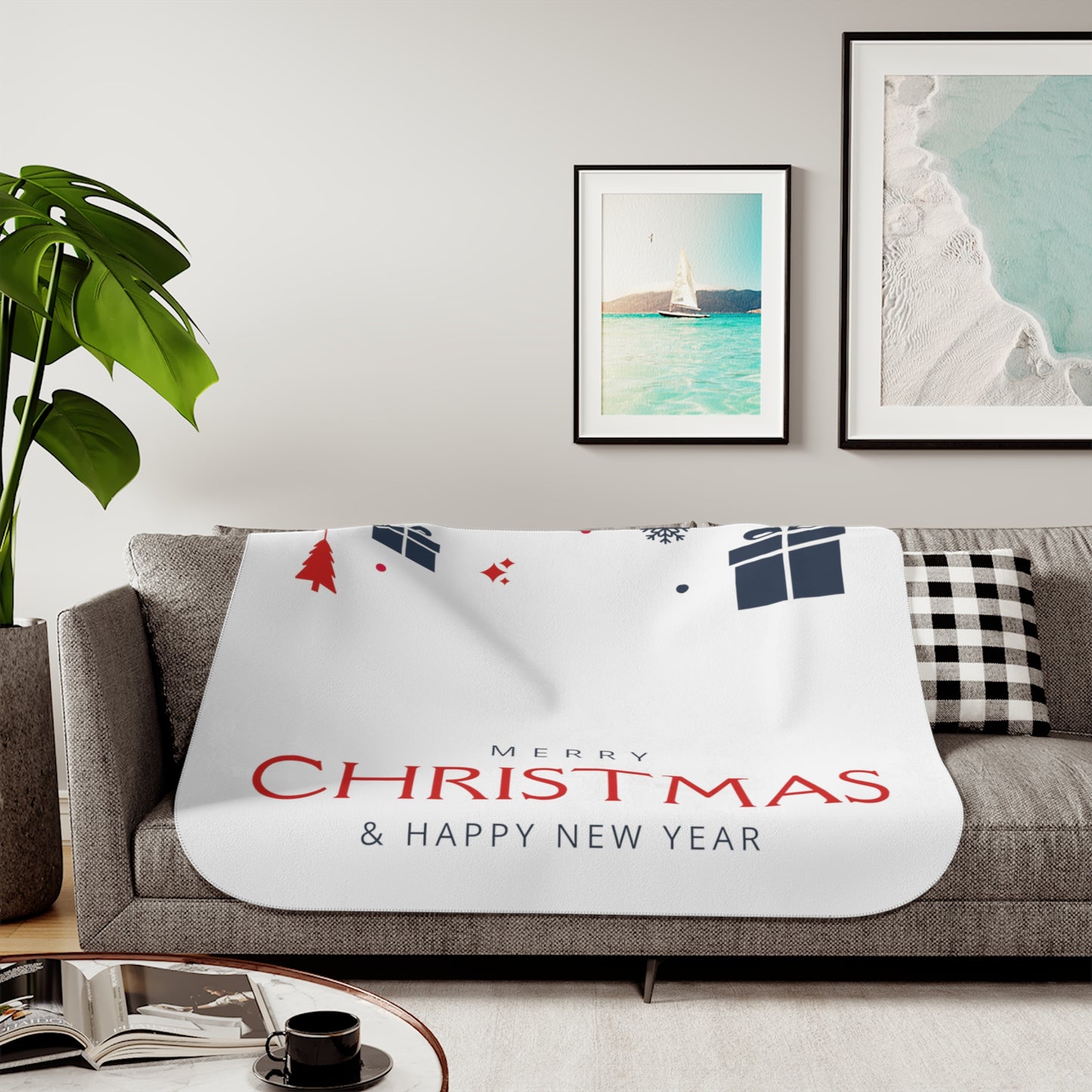 Merry Christmas & Happy New Year Printed Sherpa Blanket, White