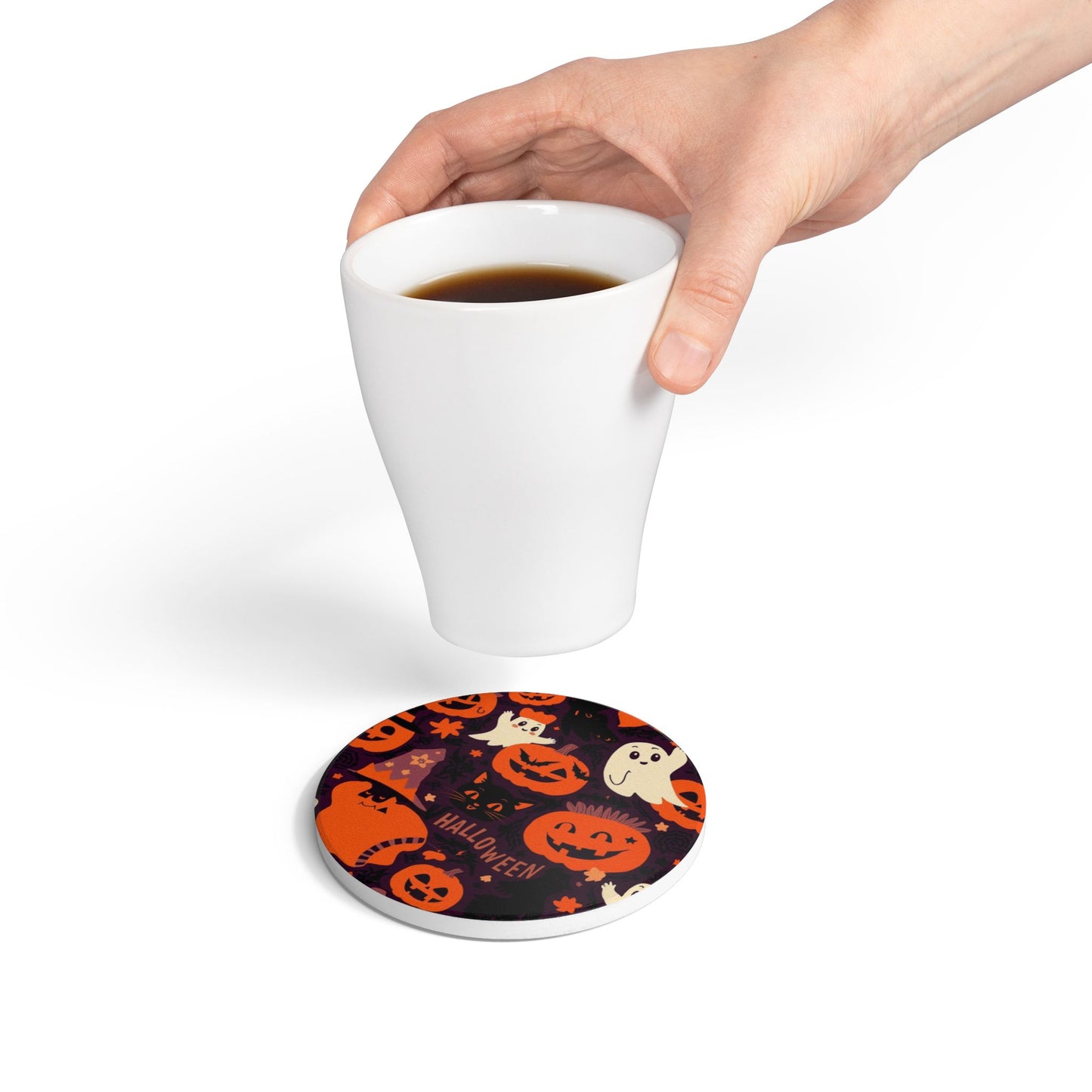 Halloween Ceramic Coaster with Pumpkins, Ghosts, Black Cat, and Witch Hat Design