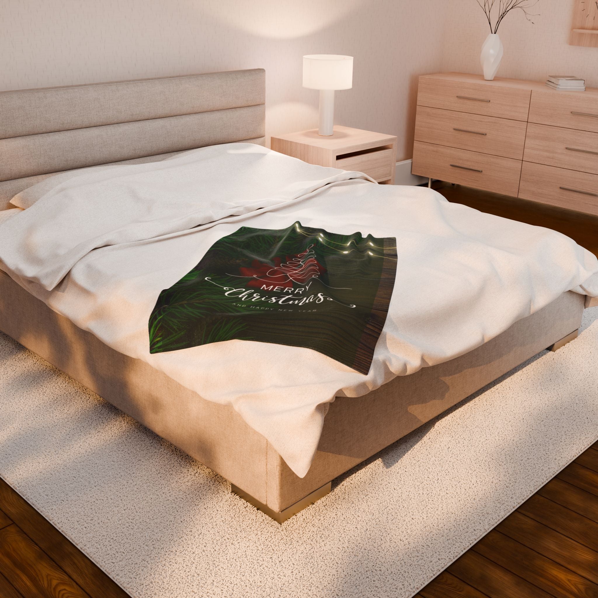 Merry Christmas with Tree Printed Velveteen Plush Blanket