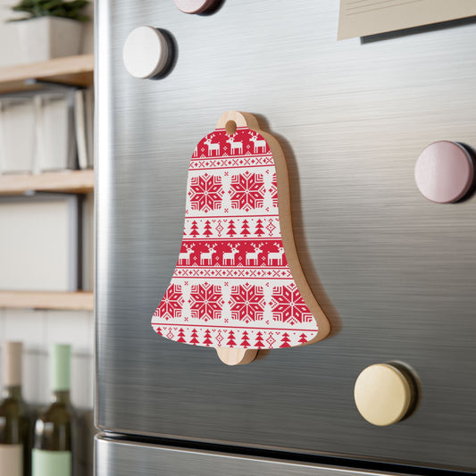 Nordic Bell-Shaped Wooden Ornament – Red & White Reindeer Pattern – Magnetic Holiday Decor with Ribbon