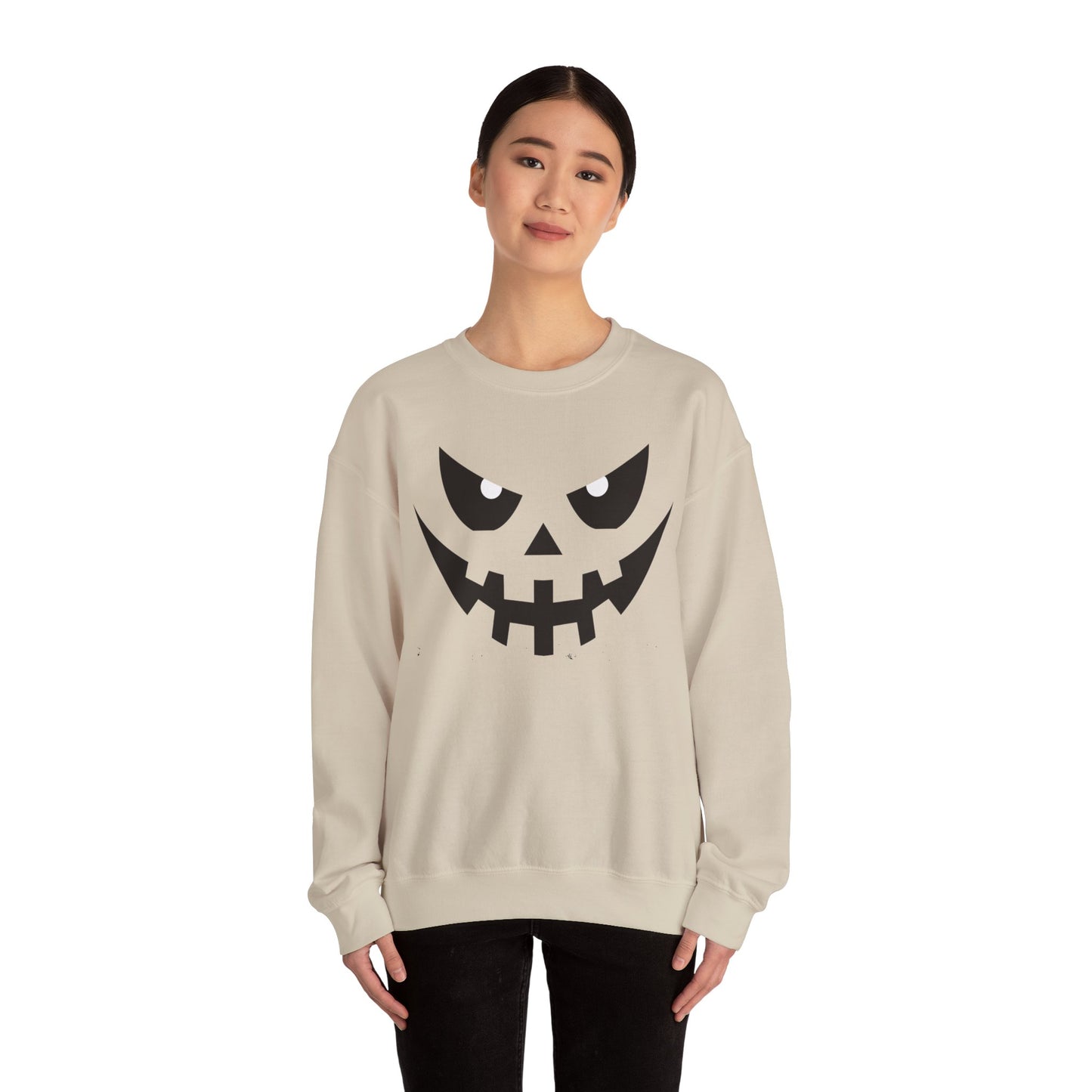 Creepy Pumpkin Face Halloween Sweatshirt – Beige Graphic Pullover for Spooky Season