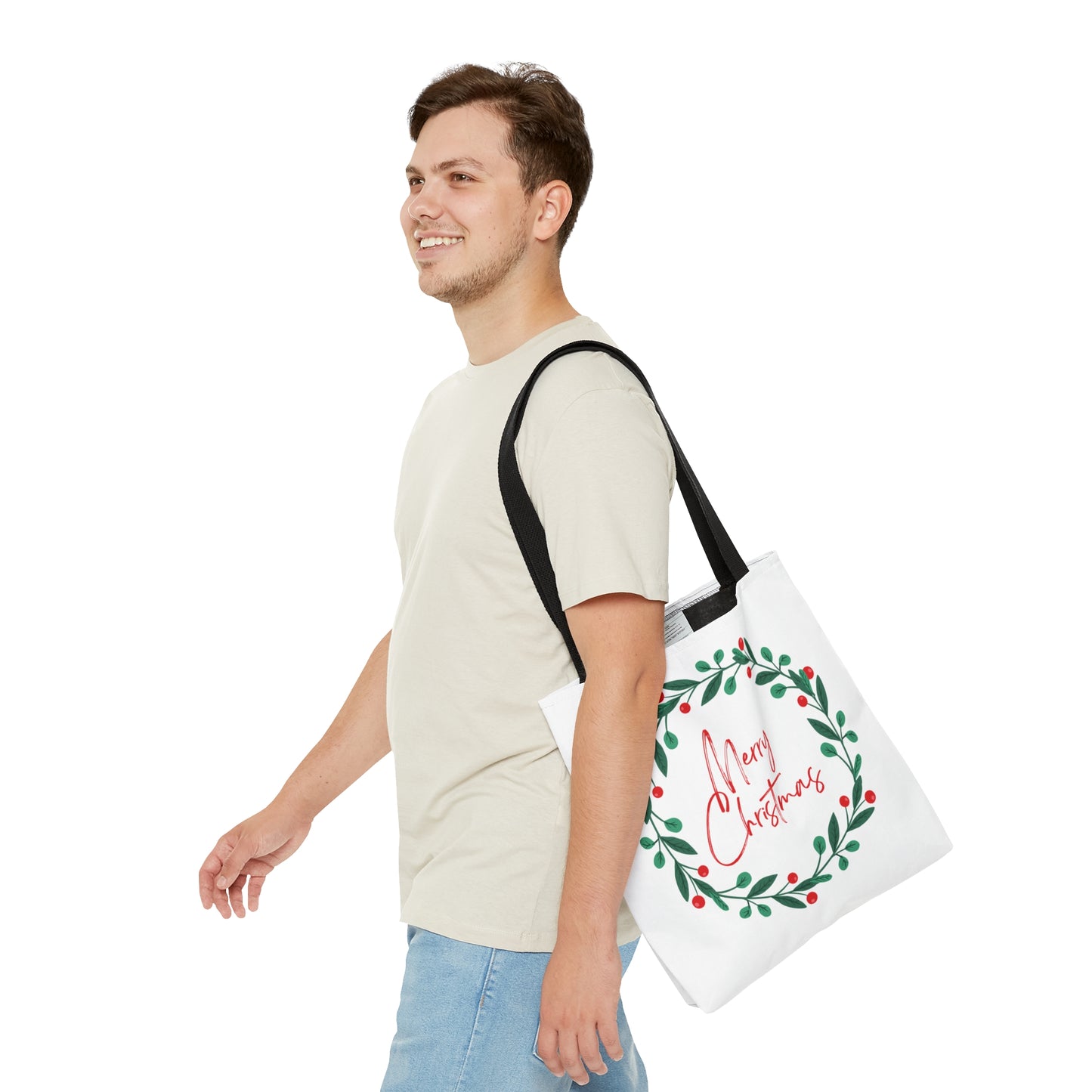 Christmas Tote Bag with “Merry Christmas” Wreath Design – Festive All-Over Print Carryall in 3 Sizes