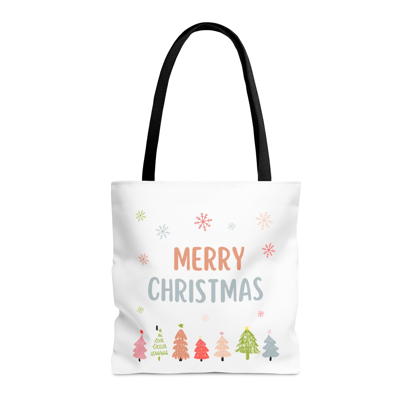 Tote Bag – “MERRY CHRISTMAS” Text with Snowflakes & Colorful Tree Row – Holiday Gift for Seasonal Shoppers