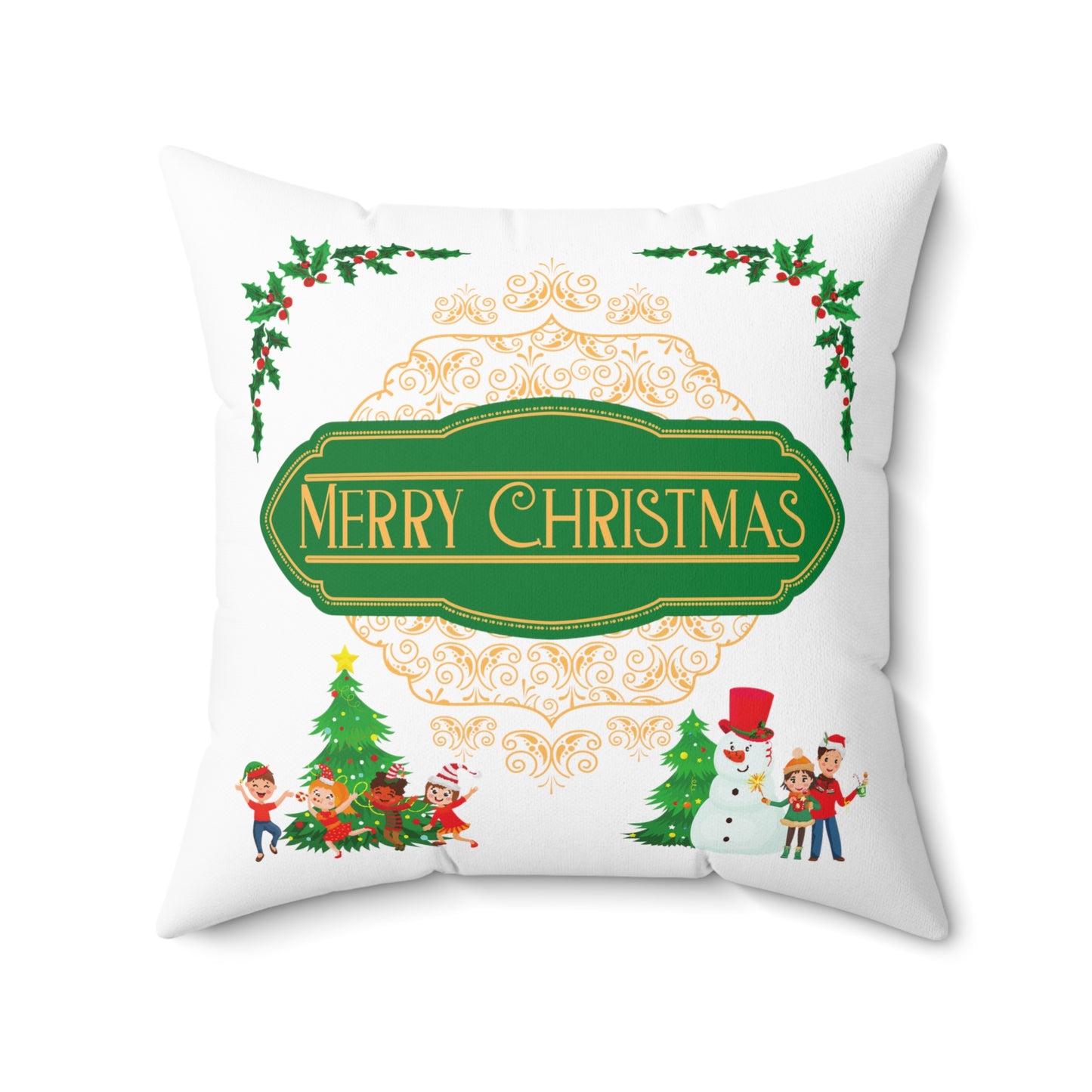Merry Christmas Spun Polyester Sqaure Pillow, Green