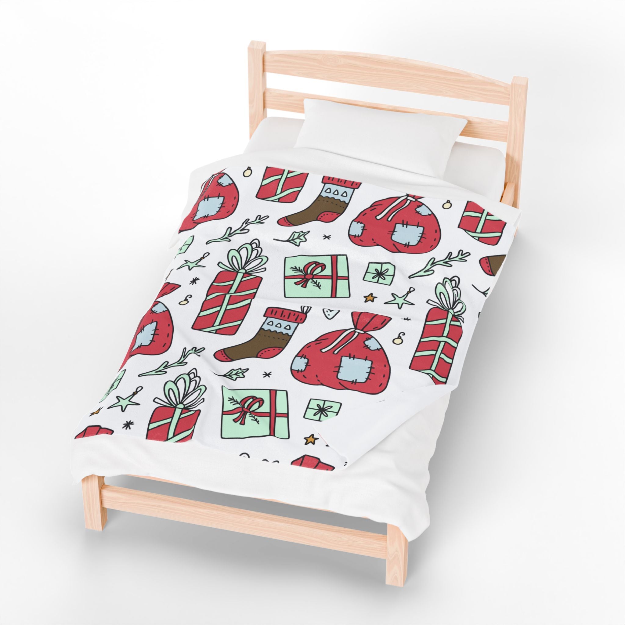 Gift Bag & Candy Cane Velveteen Plush Blanket – Festive Christmas Present Pattern